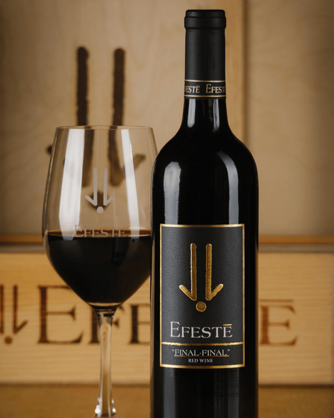 Bottle and glass of Efeste wine with a wooden background