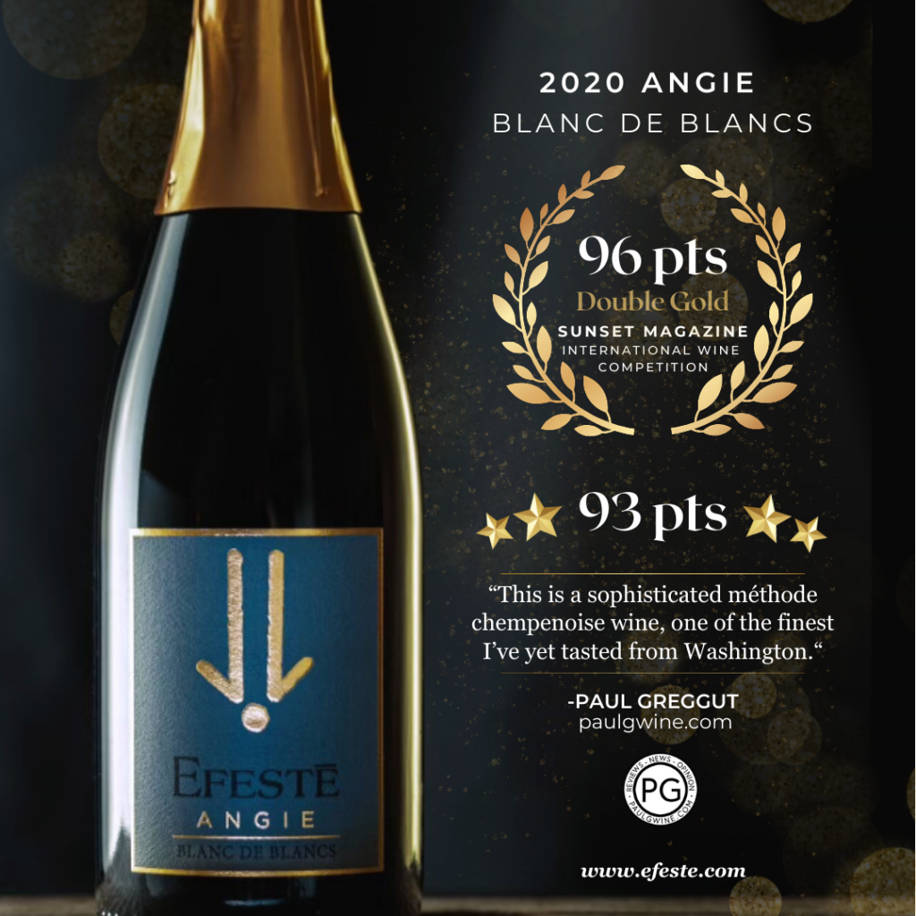 2020 Angie Blanc de Blancs bottle with Double Gold award from Sunset Magazine